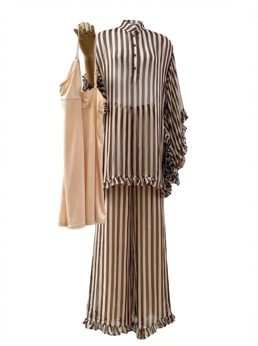 Brown Striped Chiffon Kaftan Set | Ruffle Tunic & Wide-Leg Pants | 3-Piece Option