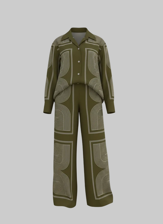 Olive Print 2-Piece Set | Button Shirt & Wide-Leg Pants |Curve | L’LUXE Matching Sets