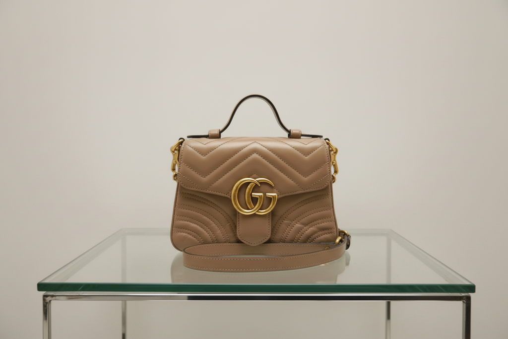 Gucci GG Marmont Mini Top Handle Bag Dusty Pink Leather Antique Gold Hardware Previously Owned Authentic