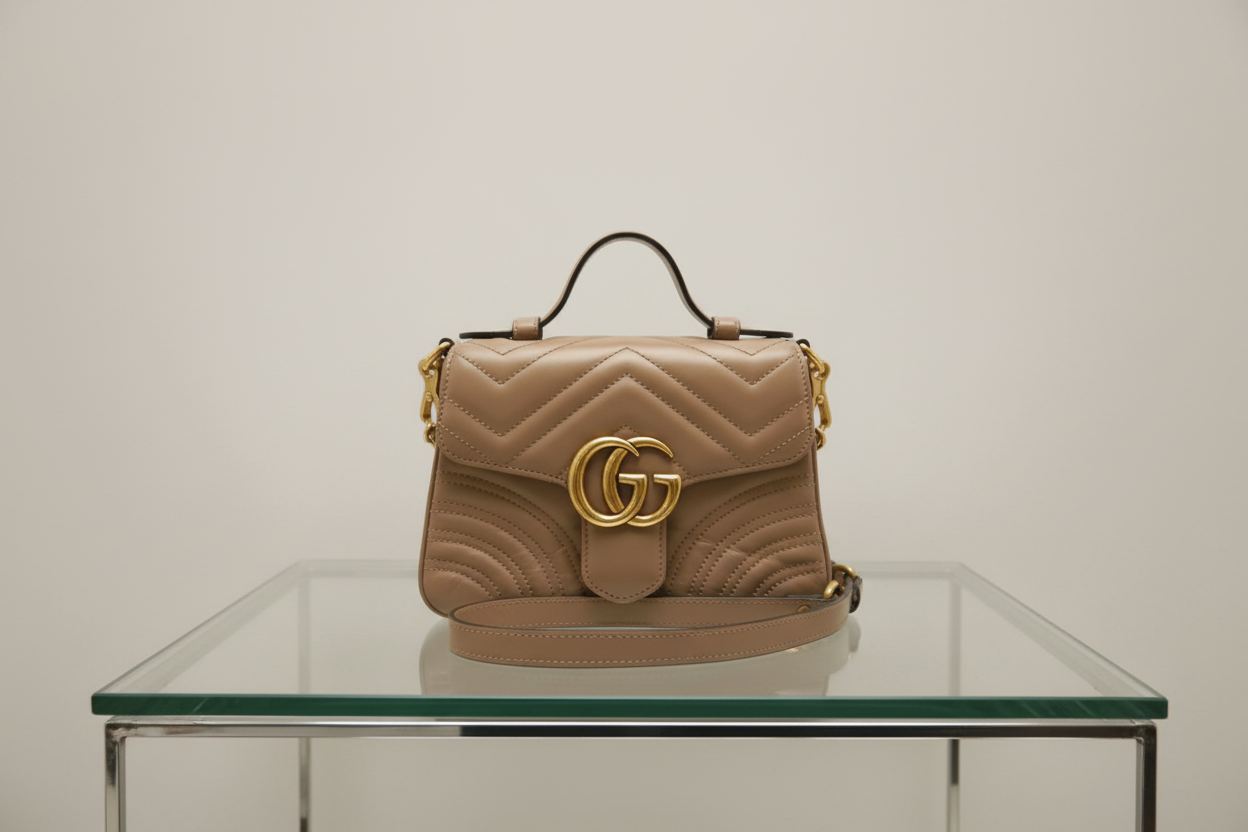 Gucci GG Marmont Mini Top Handle Bag Dusty Pink Leather Antique Gold Hardware Previously Owned Authentic