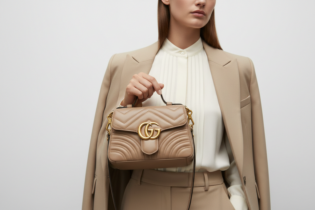 Gucci GG Marmont Mini Top Handle Bag Dusty Pink Leather Antique Gold Hardware Previously Owned Authentic