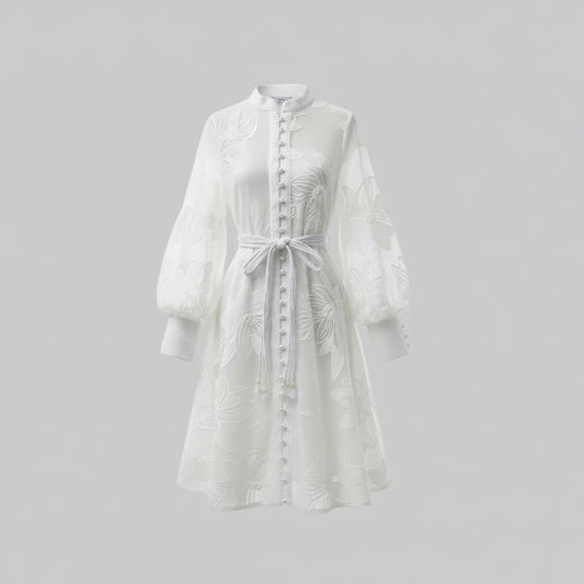White Embroidered Mesh Dress  Long Sleeve Tie Waist Dress | Curve | L’LUXE Dresses