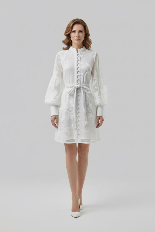 White Embroidered Mesh Dress  Long Sleeve Tie Waist Dress | Curve | L’LUXE Dresses