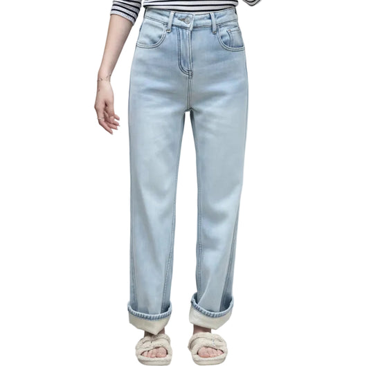 Slim Fit Wide Leg Fleece Lined Denim Jeans Winter Loose High Waist Straight Leg denim Pants S to 5XL