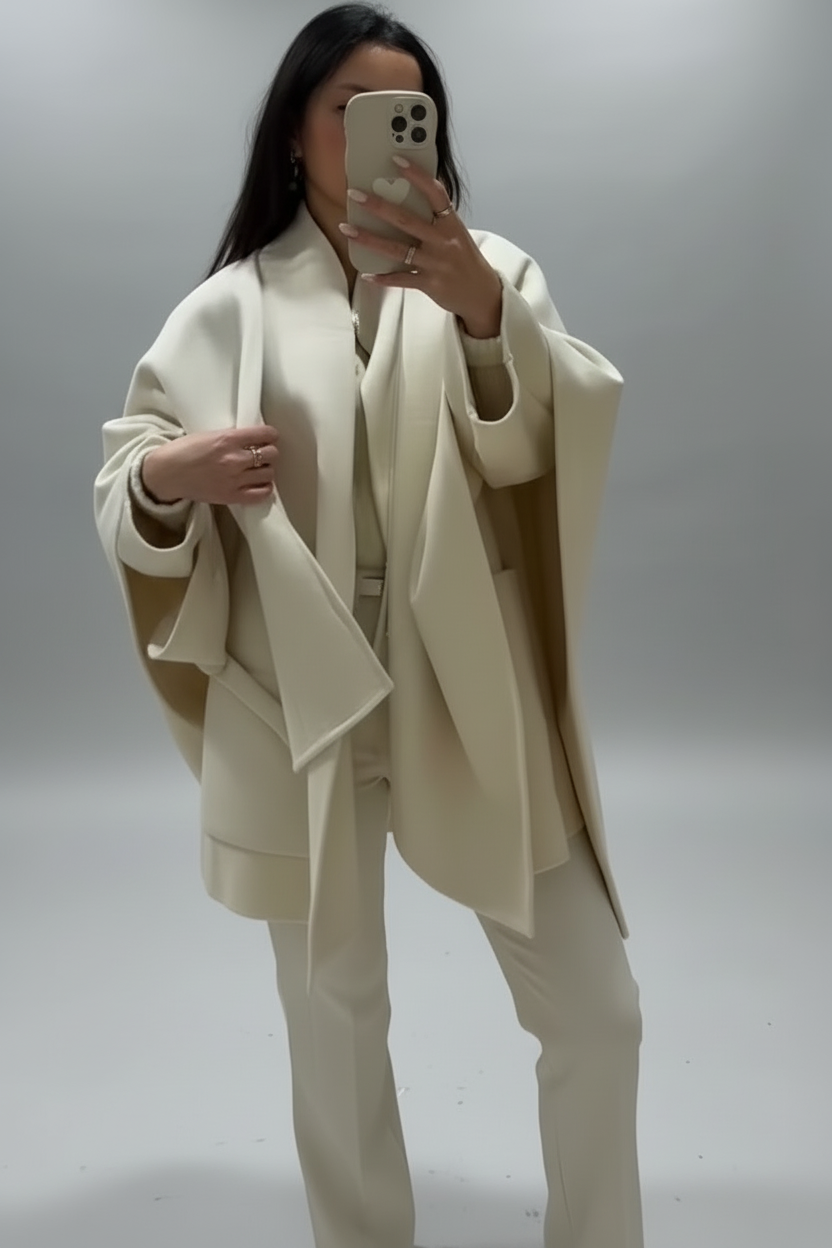 Women’s Shawl Collar Cape Jacket – Loose Fit Wool-