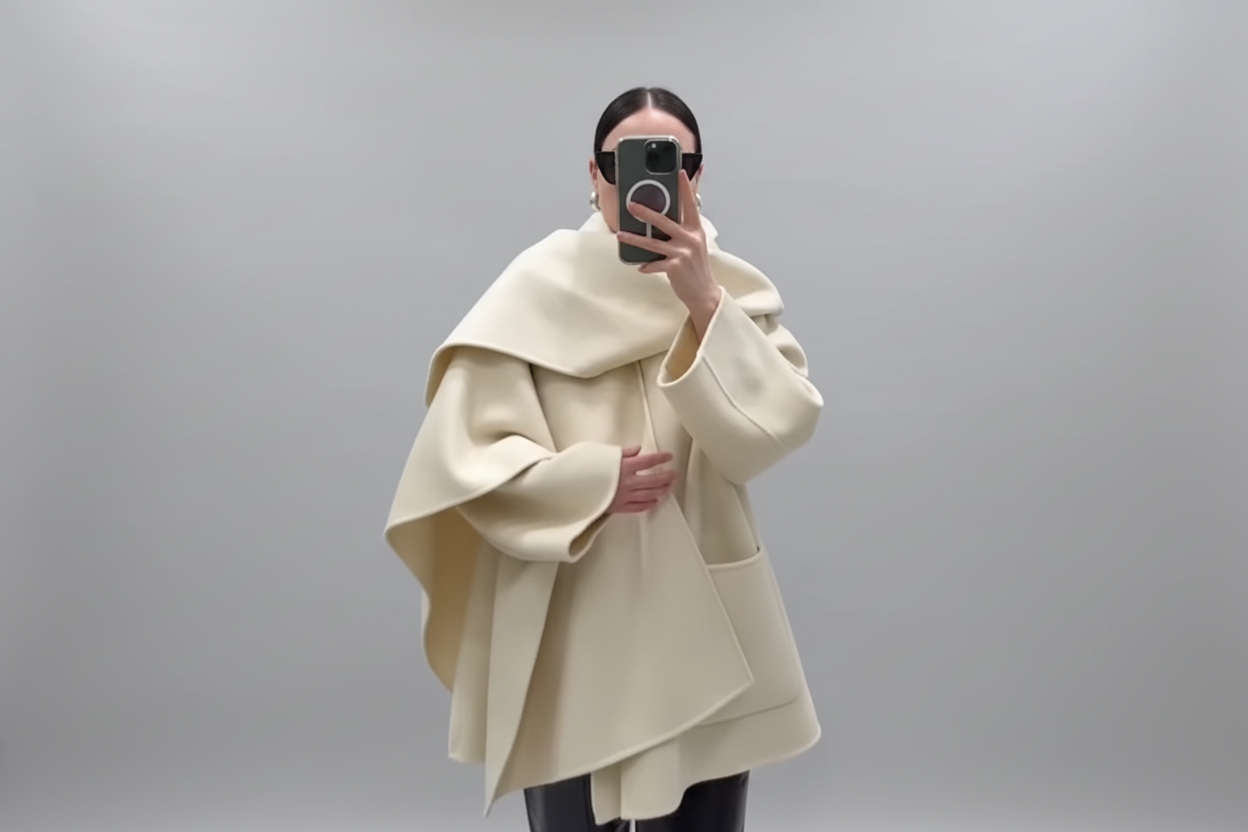 Women’s Shawl Collar Cape Jacket – Loose Fit Wool-