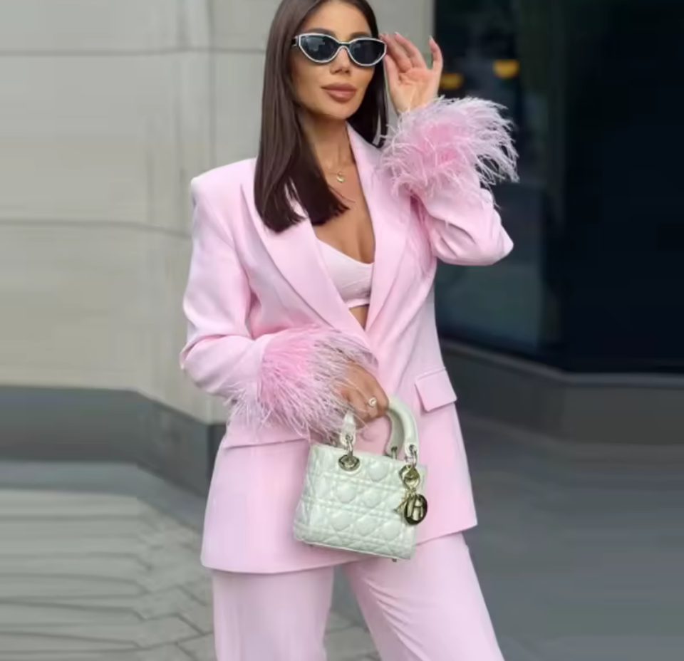 Elegant Feather-Cuff Blazer and Matching Pant Suit