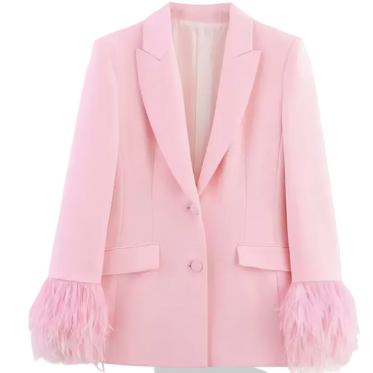 Elegant Feather-Cuff Blazer and Matching Pant Suit