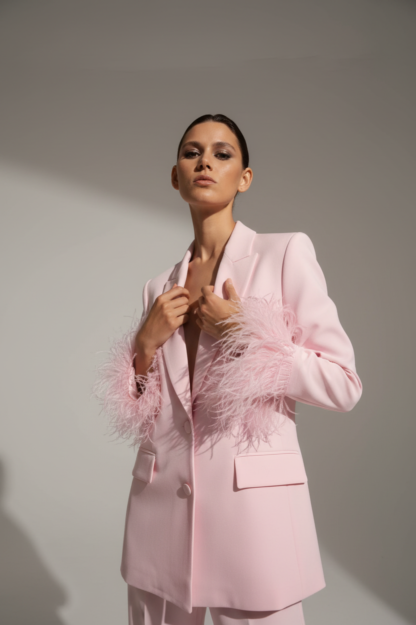 Elegant Feather-Cuff Blazer and Matching Pant Suit