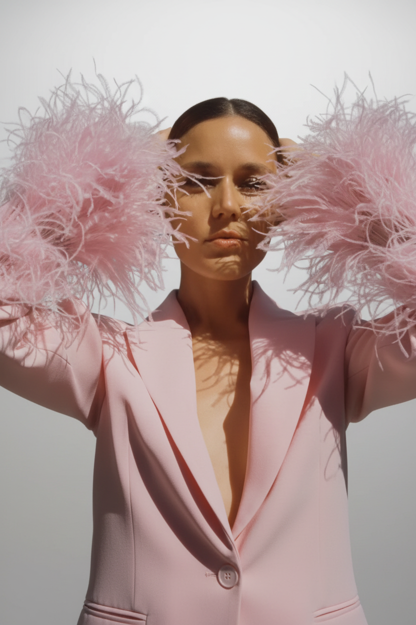 Elegant Feather-Cuff Blazer and Matching Pant Suit