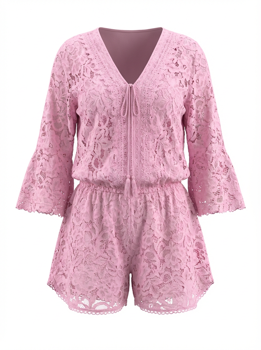Women’s Lace Two-Piece Set – V-Neck Top & Flowy Shorts, Bell Sleeves, Summer  Outfit