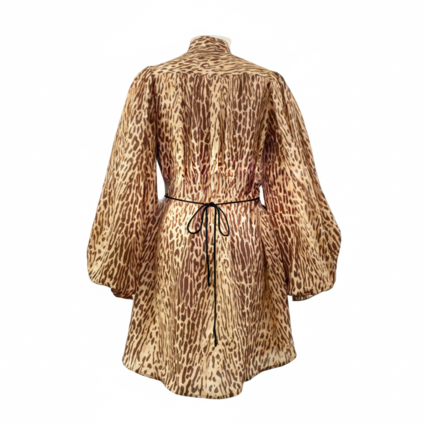 Women’s Puff Sleeve Fit Brown Leopard Print Long Sleeve Mini Dress - Beltedn