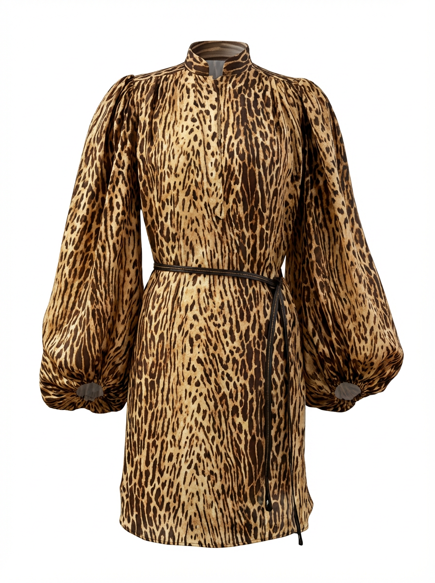 Women’s Puff Sleeve Fit Brown Leopard Print Long Sleeve Mini Dress - Beltedn