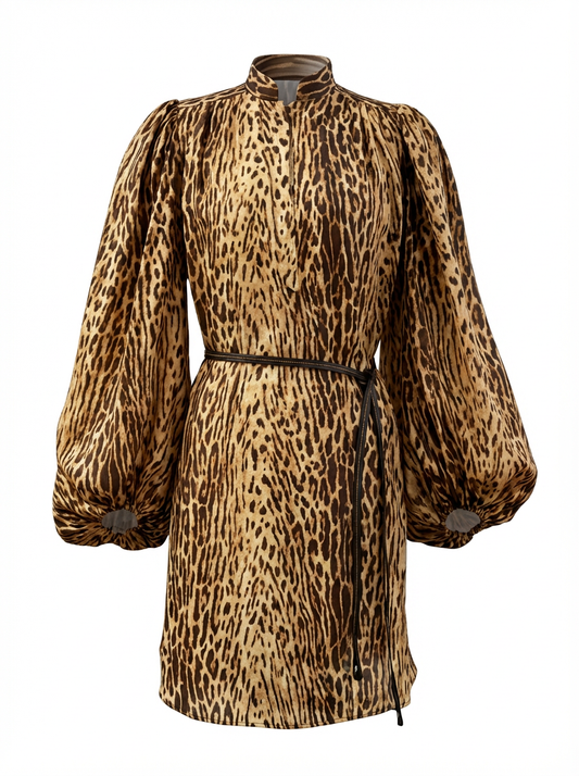 Women’s Puff Sleeve Fit Brown Leopard Print Long Sleeve Mini Dress - Beltedn
