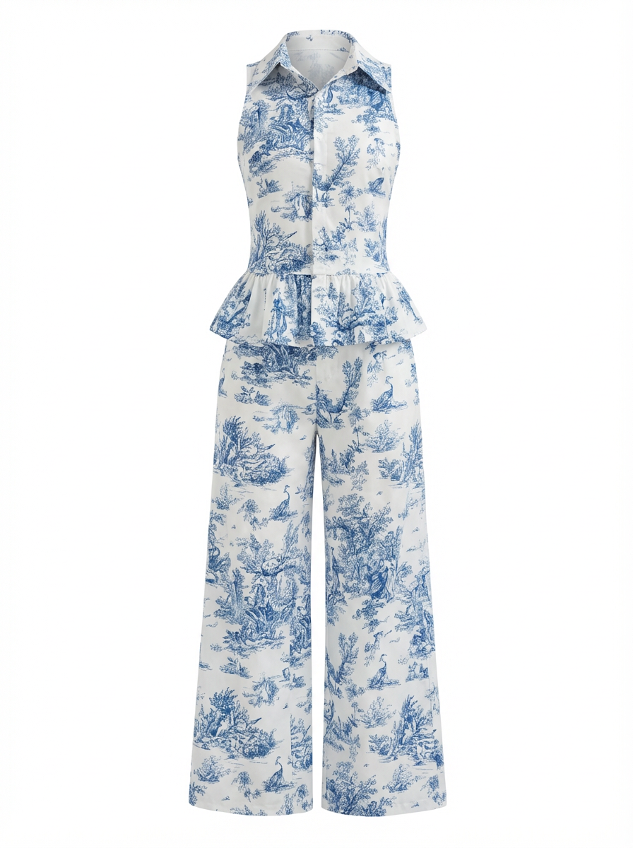Women's Blue & White Toile Print Sleeveless Peplum Top + Wide Leg Pants Summer Two-Piece Set