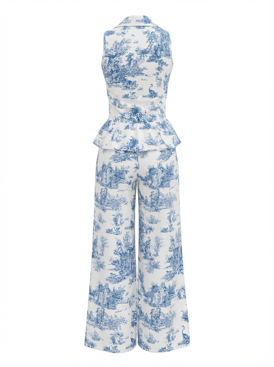Women's Blue & White Toile Print Sleeveless Peplum Top + Wide Leg Pants Summer Two-Piece Set