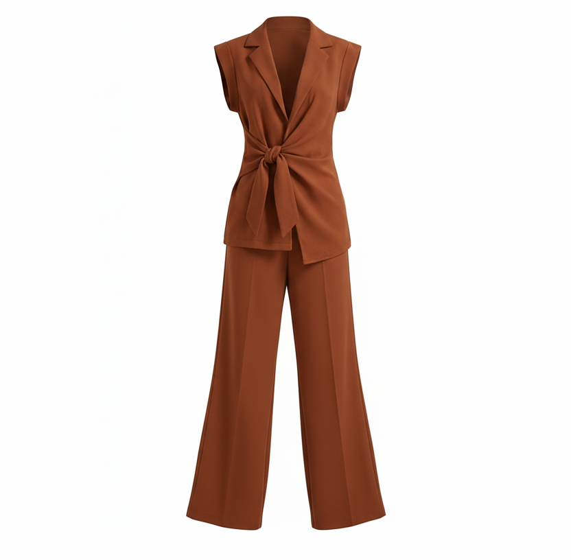 Women's Tie-Waist
Sleeveless Blouse & Wide-Leg Pants Set - Modern Chic Two-Piece Outfit