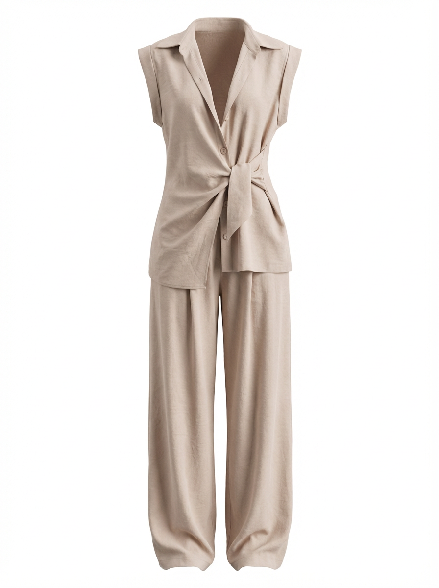 Women's Tie-Waist
Sleeveless Blouse & Wide-Leg Pants Set - Modern Chic Two-Piece Outfit