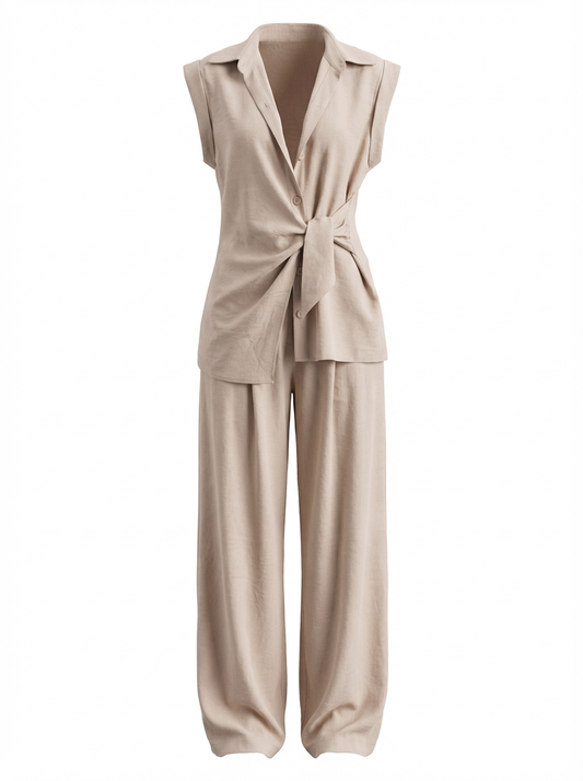 Women's Tie-Waist
Sleeveless Blouse & Wide-Leg Pants Set - Modern Chic Two-Piece Outfit