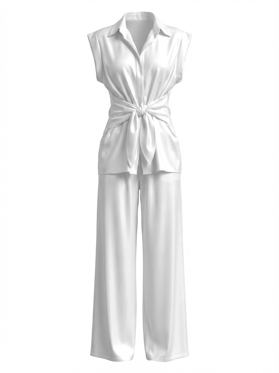 Women's Tie-Waist
Sleeveless Blouse & Wide-Leg Pants Set - Modern Chic Two-Piece Outfit