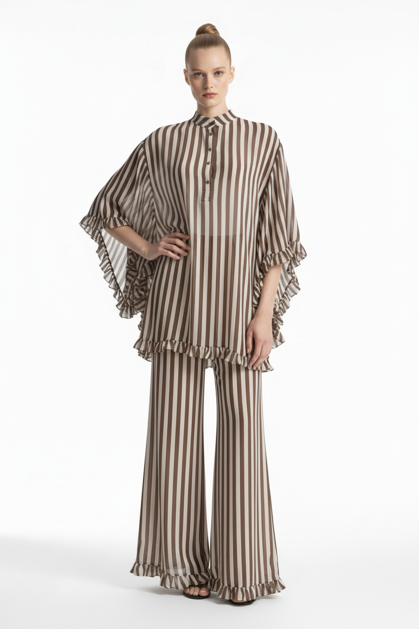 Brown Striped Chiffon Kaftan Set | Ruffle Tunic & Wide-Leg Pants | 3-Piece Option