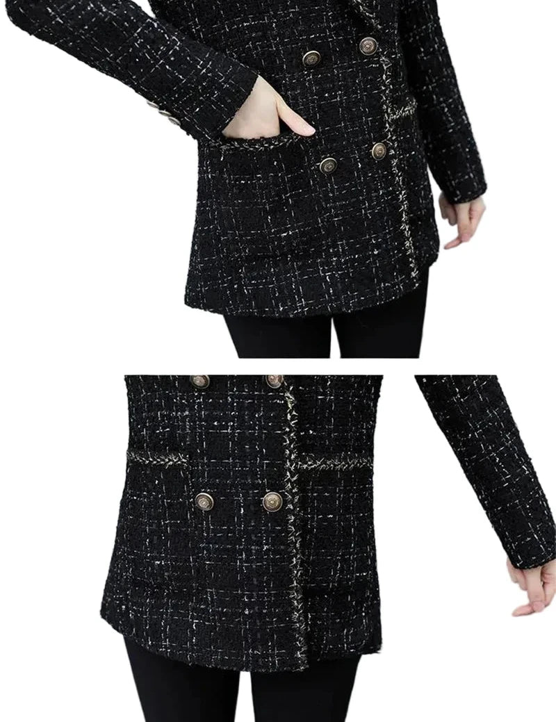 Women Woolen Blazers New Plaid Double-Breasted Suit Loose  Wool Blended Blazers Jacket