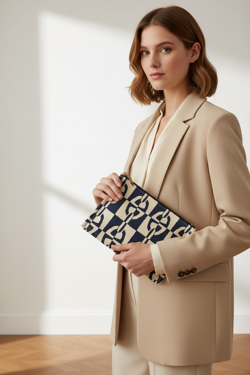 Hermès Trousse Flat GM Chaine d’Ancre Canvas Navy Ivory Pouch – Previously Owned Authentic
