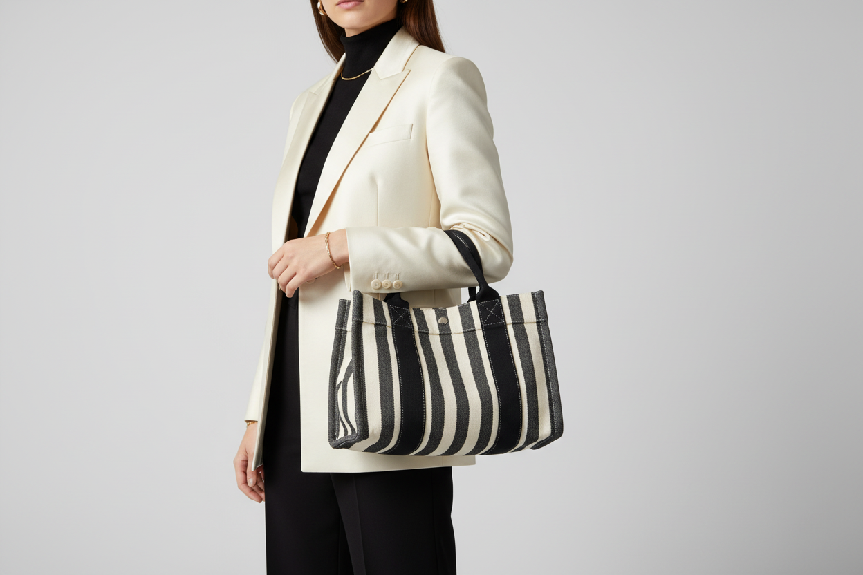 Hermès Cannes PM Border Cotton Canvas Tote Black White Previously Owned  Authentic