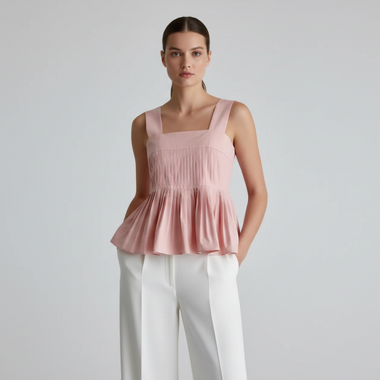 Pleated Peplum Sleeveless Top – One Size – Pink or Black | L’LUXE Tops