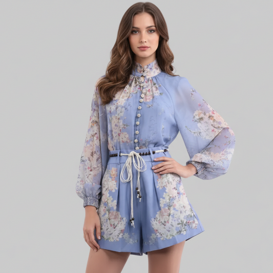 Floral Print High-Waist Shorts Blue | L’LUXE Luxury Edit