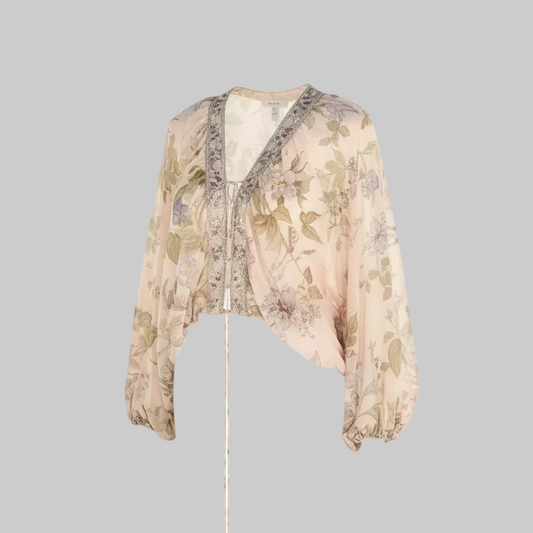 Pink Floral Silk V-Neck Blouse – Ruffle Trim – Lightweight Batwing Sleeve Top | L’LUXE Luxury Edit