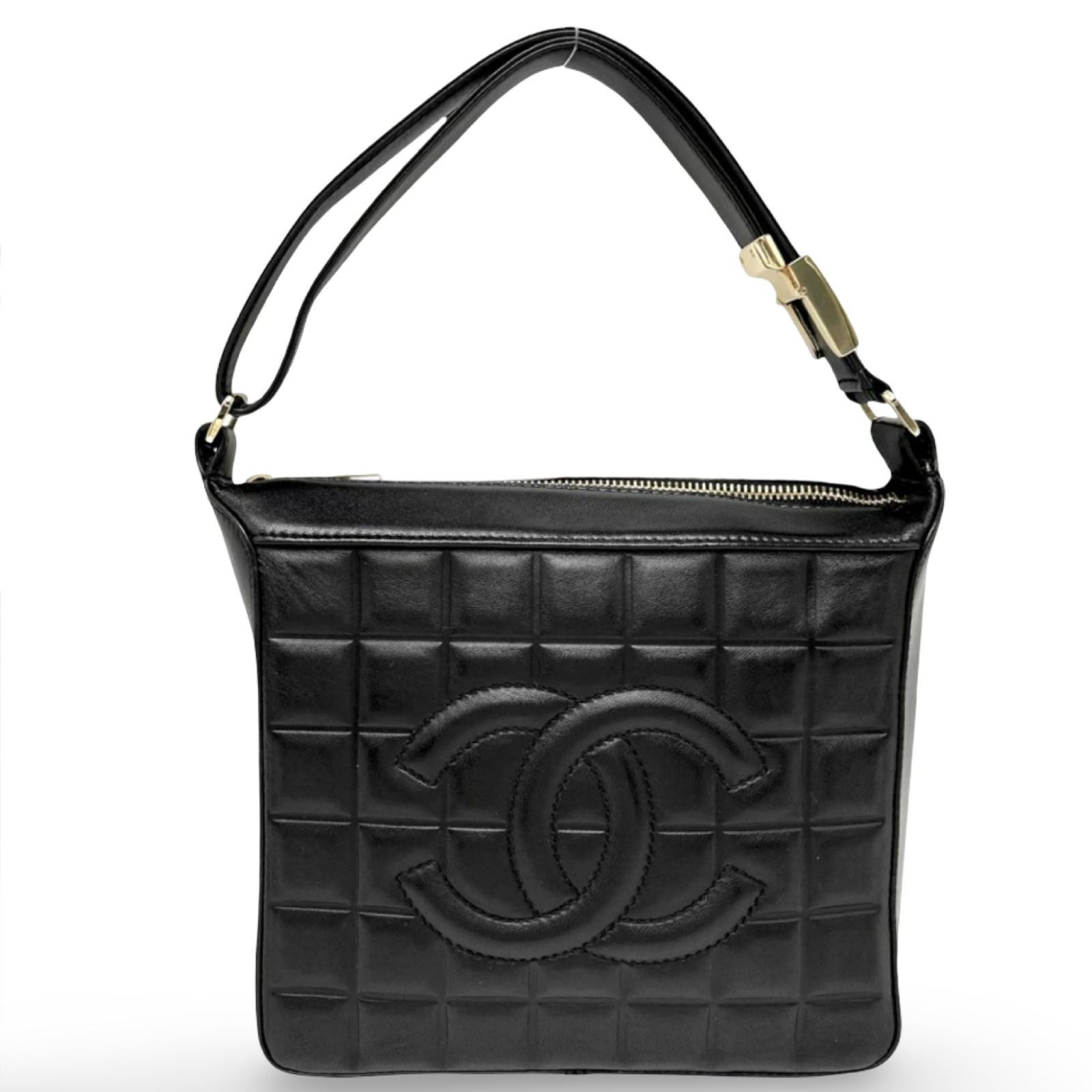 Chanel is CC Semi-Shoulder Bag Black Leather Gold Hardware Previously Owned Authentic