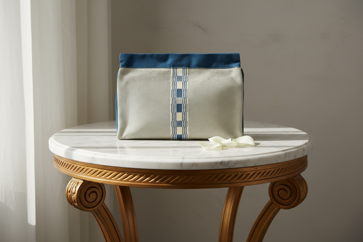 Hermès Jimetoux GM Canvas Travel Pouch Blue Ivory – Previously Owned Authentic