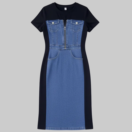 Dark Blue Denim Panel Midi Dress | Curve | L’LUXE Dresses