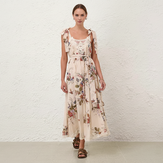 White Vanilla Floral Lace Patchwork Sleeveless Midi Dress  | L’LUXE Luxury Edit