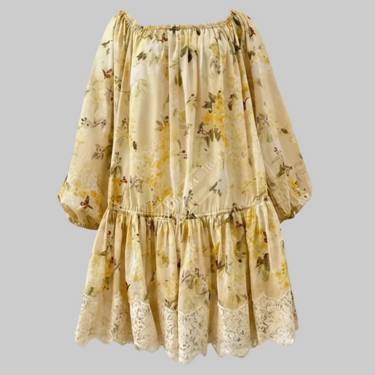 Yellow Floral Off-Shoulder Lace-Trim Mini Dress | L’LUXE Luxury Edit