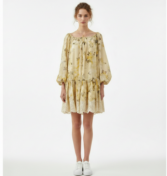 Yellow Floral Off-Shoulder Lace-Trim Mini Dress | L’LUXE Luxury Edit