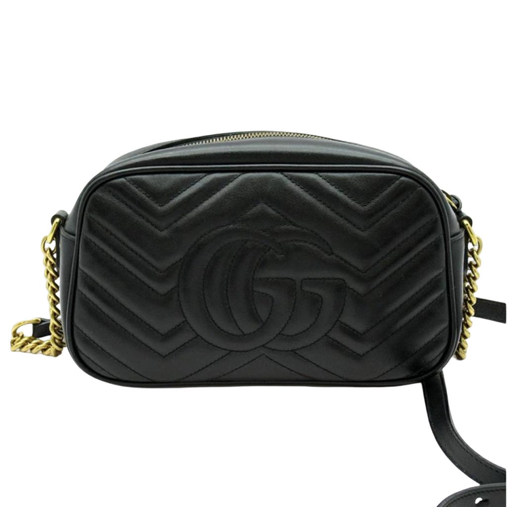 Gucci GG Marmont Small Camera Bag  Matelassé Leather Black Previously Owned Authentic