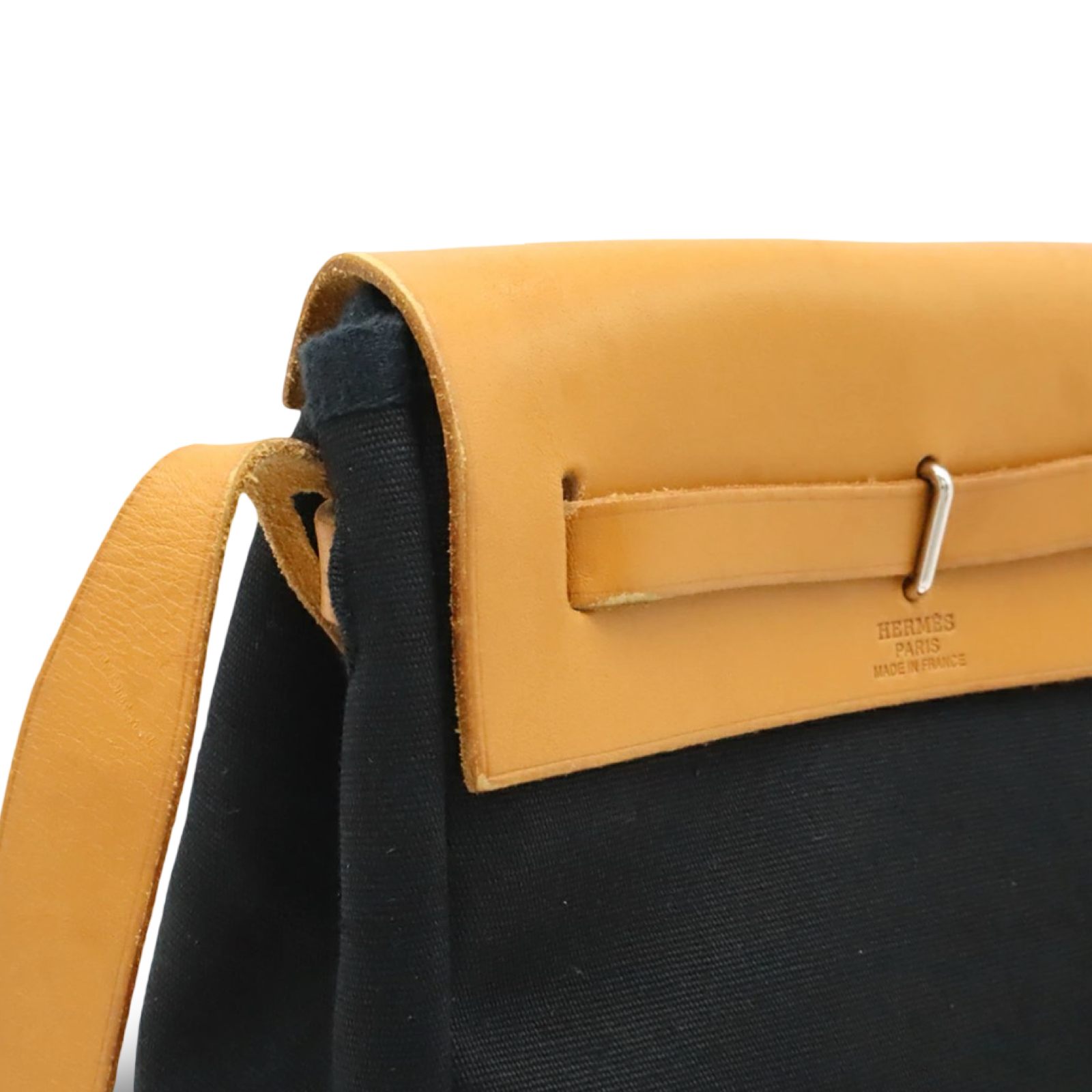 Hermès Toile Officier TPM Shoulder Bag Leather Black Natural Previously Owned Authentic