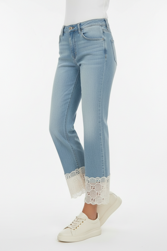 High Waist Light Wash Ankle-Length Lace Hemmed Cropped Straight Denim Jeans | Curve | L’LUXE Pants