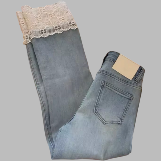 High Waist Light Wash Ankle-Length Lace Hemmed Cropped Straight Denim Jeans | Curve | L’LUXE Pants