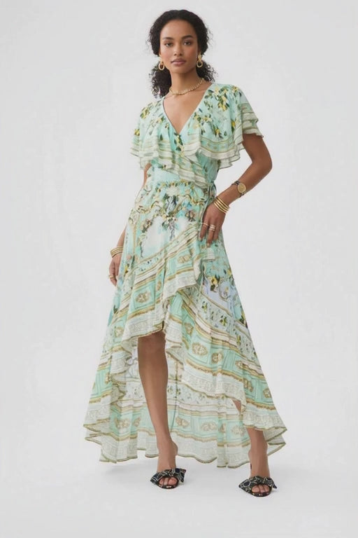 Green Floral 100% Silk Wrap Midi Dress| L’LUXE Luxury Edit