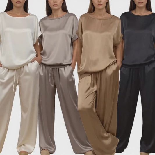 Women’s Satin Two Piece Set – Relaxed Top & Wide Leg Pants | Elegant Outfit