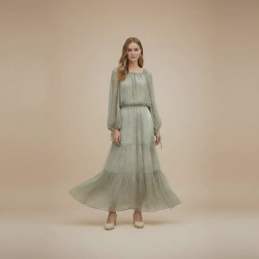 Checkered Sage Off-the-Shoulder Blouse & Maxi skirt Set | L’LUXE  Luxury Edit