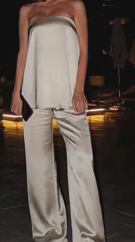 Satin Two-Piece Set – Off-Shoulder Strapless Top & High-Waist Trousers – Women’s 2025 Chic Suit Set