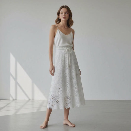 White Embroidered Cutwork Midi Skirt (US 6) | L’LUXE Luxury Edit