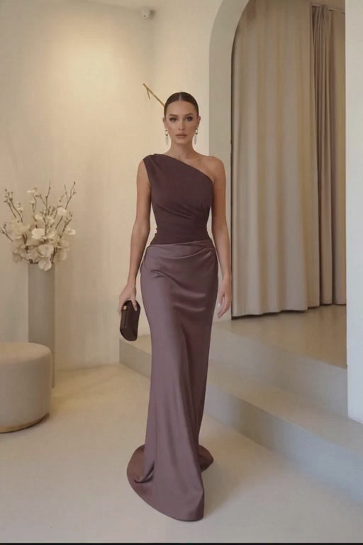One-Shoulder Satin Evening Dress – Slant Neck Ruched Maxi Gown