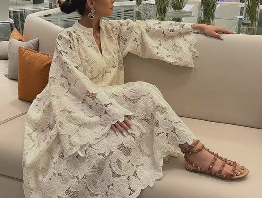 White Crochet Lace Maxi Dress V Neck Long Sleeve Loose Beach Holiday Dress Spring Summer 2026