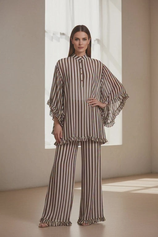 Striped Ruffle Blouse & Wide-Leg Brown Pants Set | L’LUXE Luxury Edit