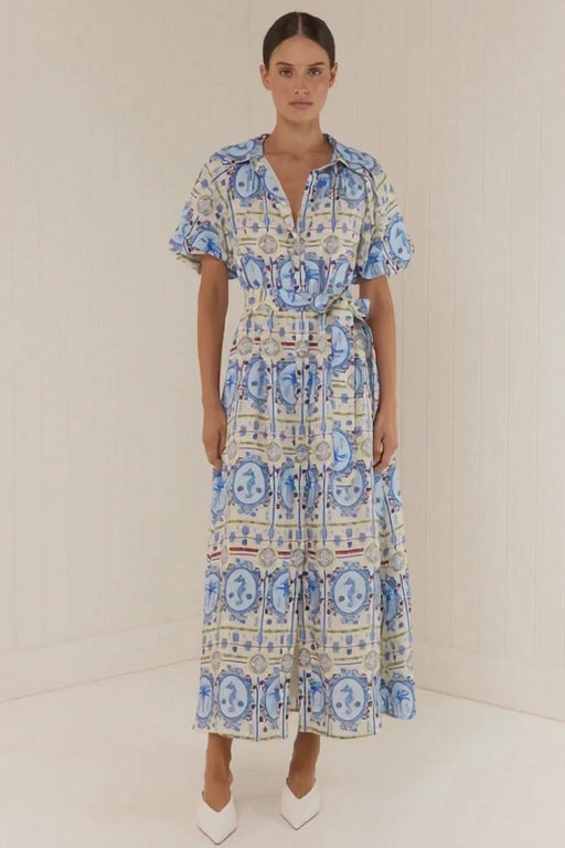 Blue Palm Print Linen Belted Midi Dress |L’LUXE Luxury Edit